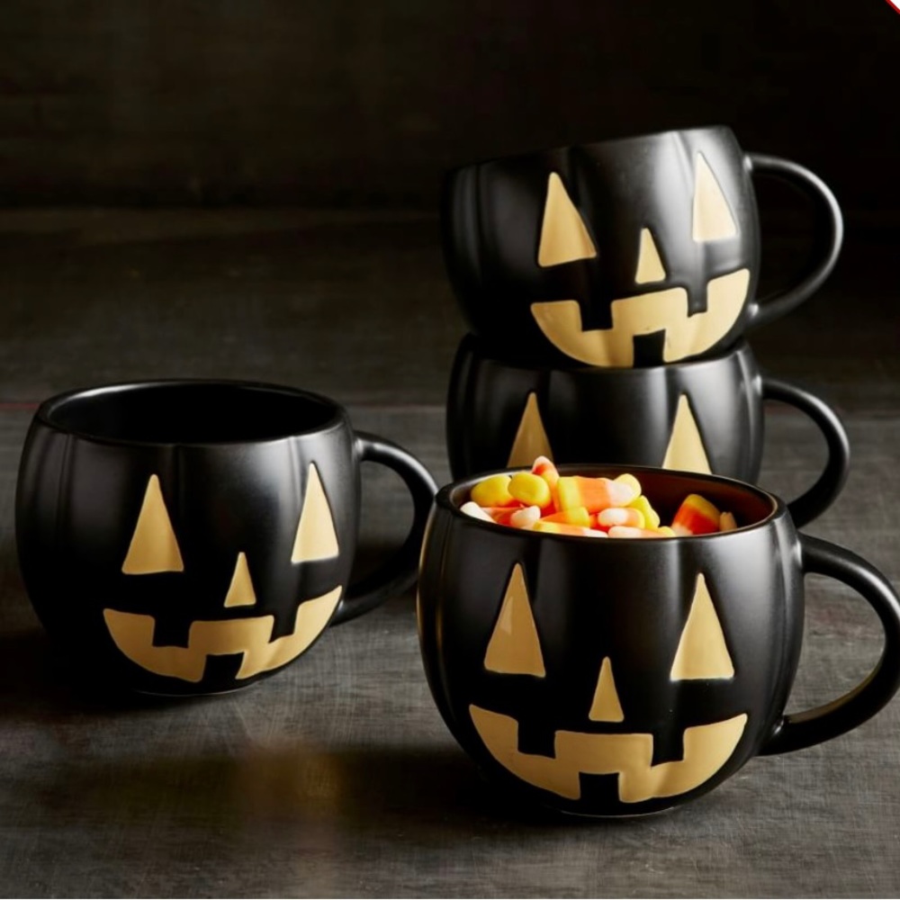 Pottery Barn Black Jack O’ Lantern Stoneware Mug Set/4 Sold Out New In Box 🎃